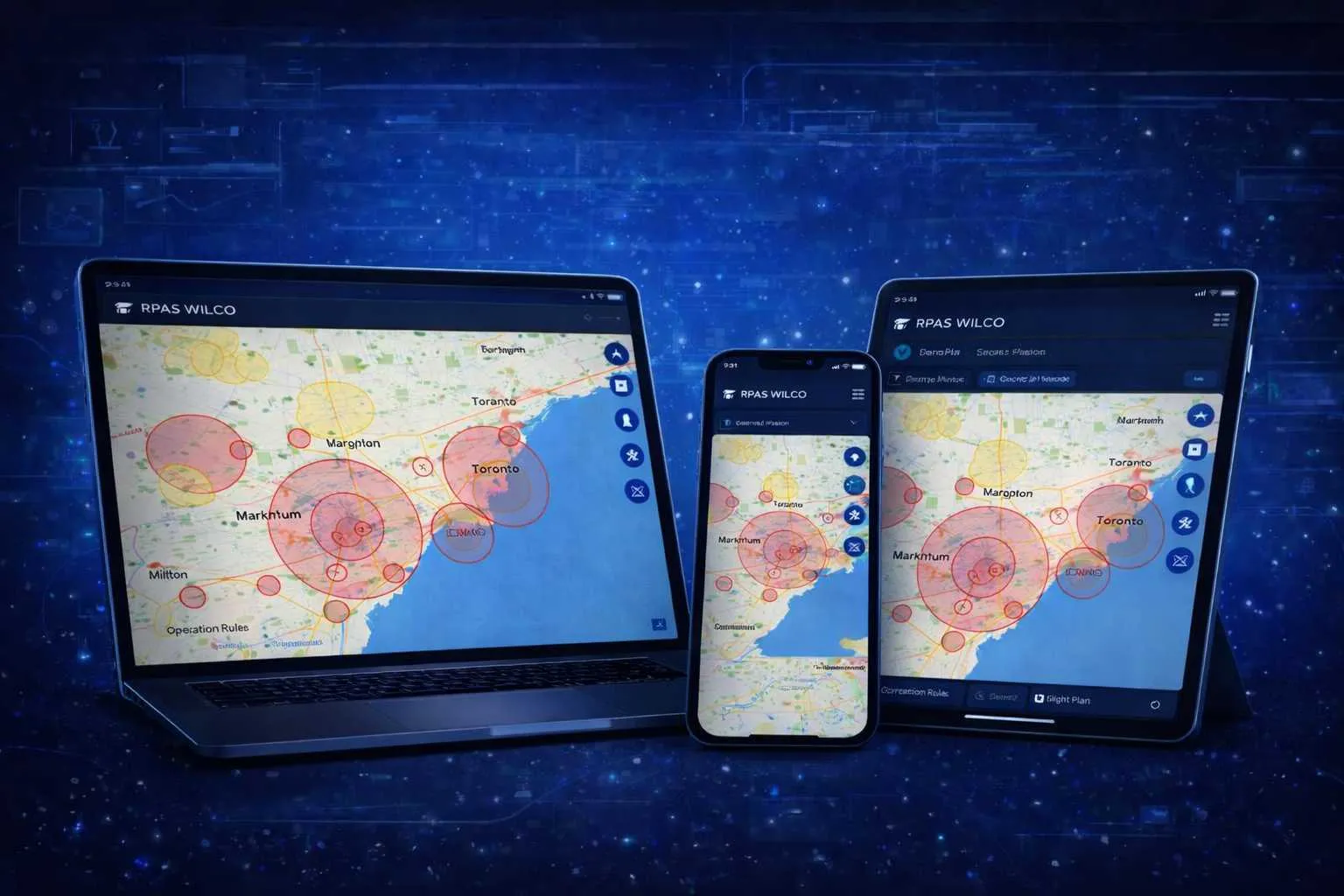 RPAS WILCO map view showing real-time airspace rings and Create Site Survey action